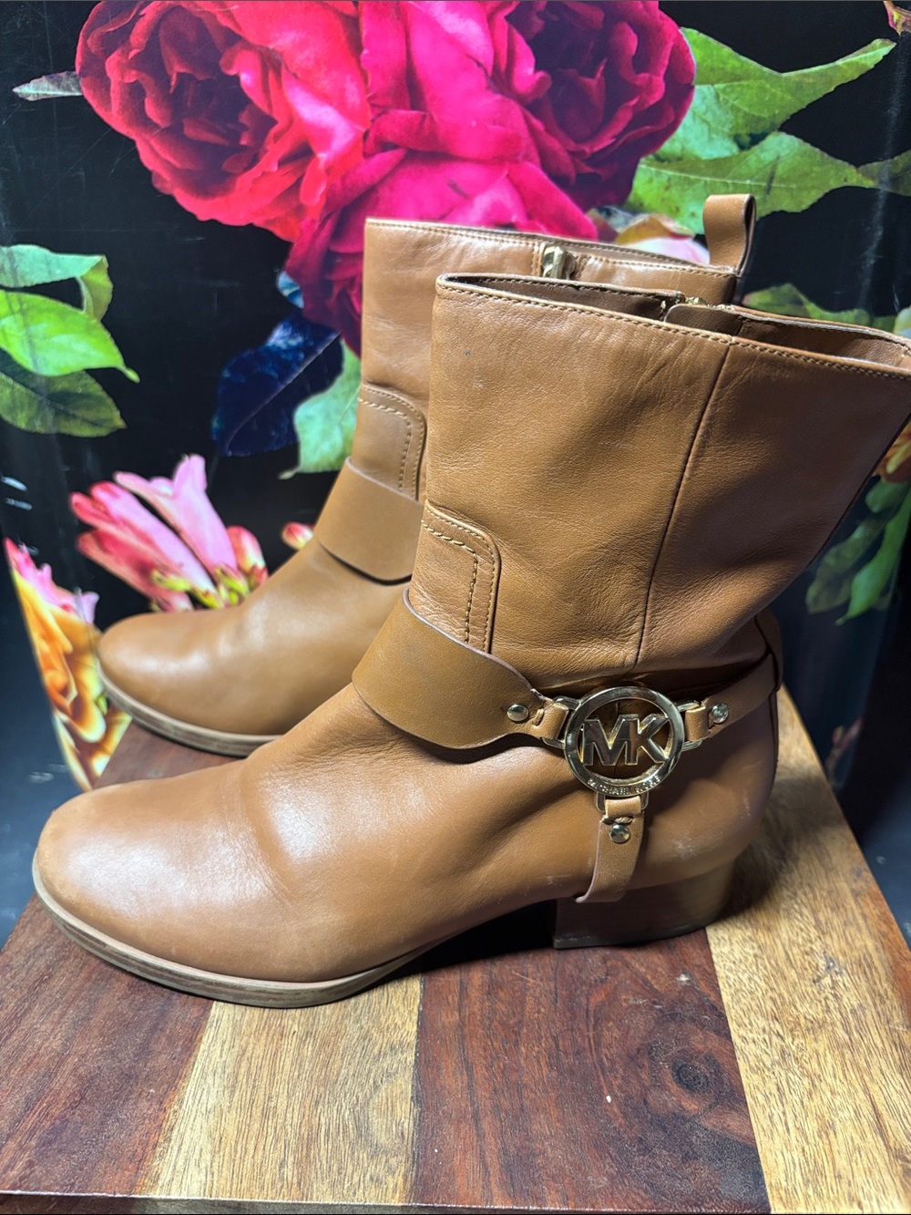 Michael Kors Cognac Leather Ankle Harness Boots